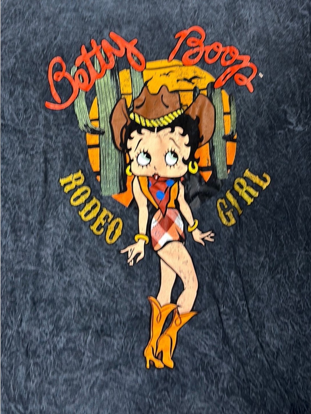 Betty Boop Black Graphic Tee with Red and Yellow Rodeo Design
